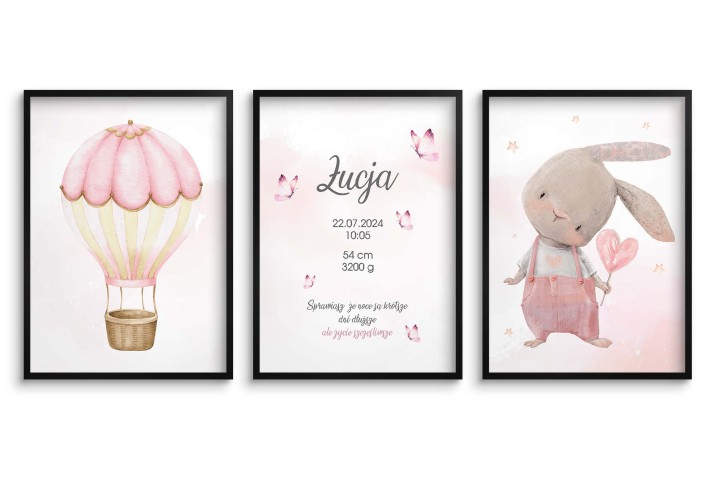 Zestaw trzech plakatów dla dzieci | Metryczka z króliczkiem i balonem | Personalizowany prezent  dla dziecka MT013
