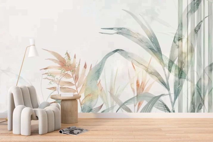 Fototapeta roślinna akwarela - subtelne liście do salonu | Tropikalny Las, liście palmowe | Nowoczesna dekoracja ścienna 21318