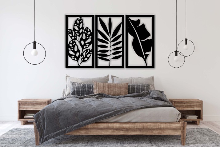 Obrazy 3D na ścianę | Tryptyk ażurowy Liście- Monstera, Palma, Bananowiec | Panele ażurowe z motywem roślinnym 66830 - zdjęcie 2