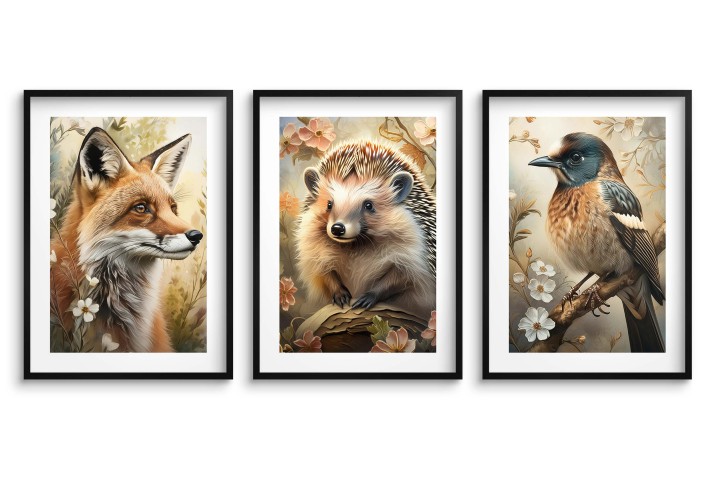 Plakaty dla Dzieci ze Zwierzętami - Lis, Jeż i Ptak | Ilustracje do pokoju dziecięcego KD095