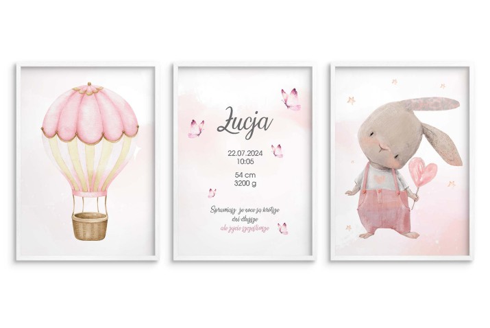 Zestaw trzech plakatów dla dzieci | Metryczka z króliczkiem i balonem | Personalizowany prezent  dla dziecka MT013 - zdjęcie 5