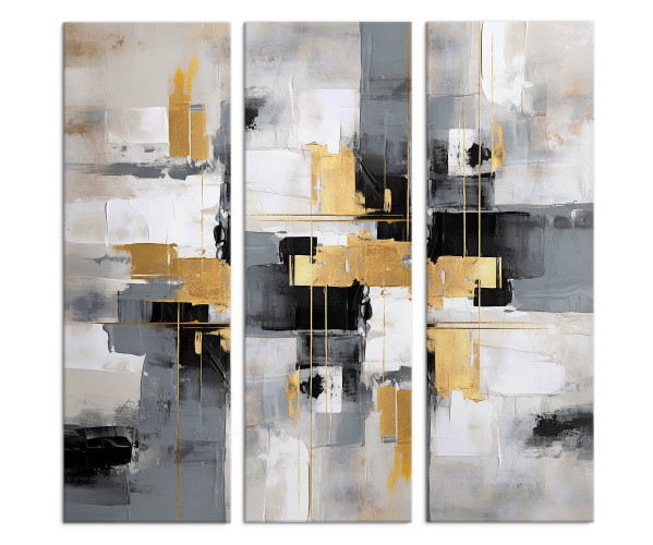 Nowoczesny tryptyk czarno-złota abstrakcja | Trzy eleganckie obrazy na ścianę do salonu, sypialni 20889