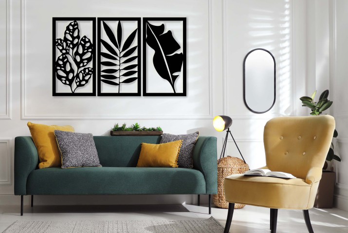 Obrazy 3D na ścianę | Tryptyk ażurowy Liście- Monstera, Palma, Bananowiec | Panele ażurowe z motywem roślinnym 66830 - zdjęcie 4