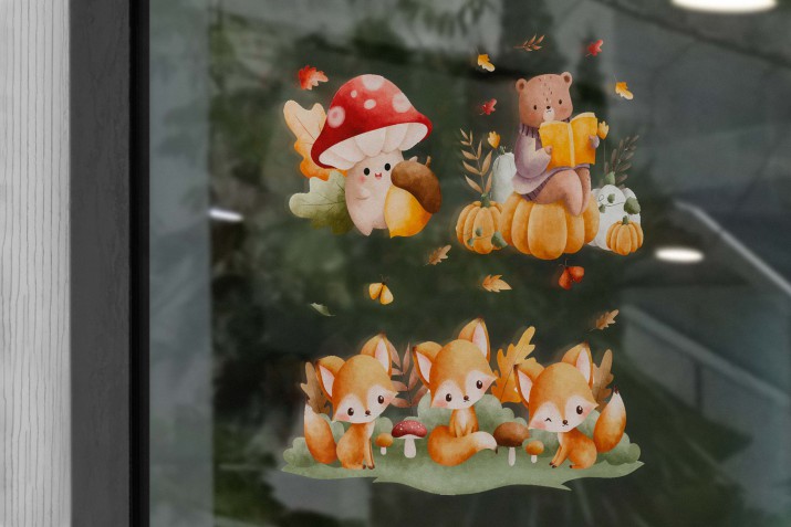 Dwustronne naklejki na szybę wielokrotnego użytku – jesienne liski, miś i grzybek | Naklejki na okno do żłobka, przedszkola, szkoły  | Jesienne dekoracje 25610 - zdjęcie 4