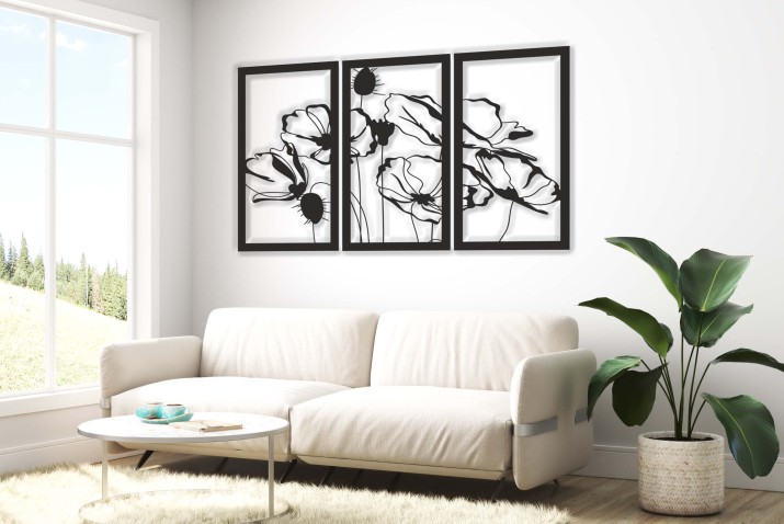 Panel Ażurowy z Kwiatami | Tryptyk Maki | Nowoczesna dekoracja 3D 66859 - zdjęcie 3