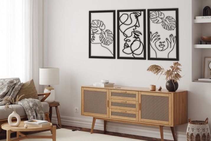 Minimalistyczny tryptyk ażurowy Line Art | Obraz 3D Monstera i Twarze 66854 - zdjęcie 3