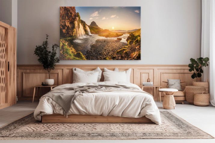Obraz na ścianę - widok na górę Kirkjufell przy zachodzie słońca | Islandzki pejzaż z górami i wodospadem | 20907 - zdjęcie 3