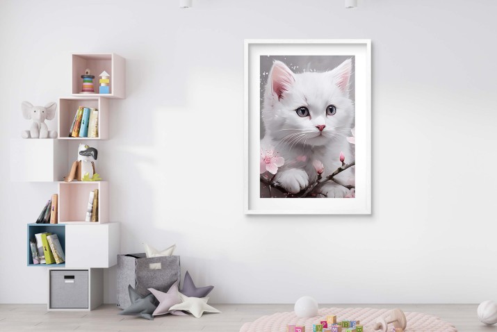 Plakat z Białym Kotem i Kwiatami Wiśni | Dekoracja ścienna do pokoju dziecka, pokoju młodzieżowego 24360 - zdjęcie 5