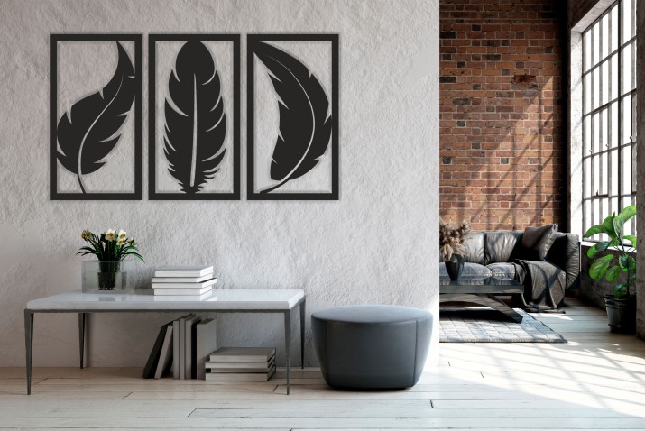 Obraz 3D ażurowy z piórami | Ażurowy panel 3-częściowy | Boho Dekoracja na ścianę 66842 - zdjęcie 4