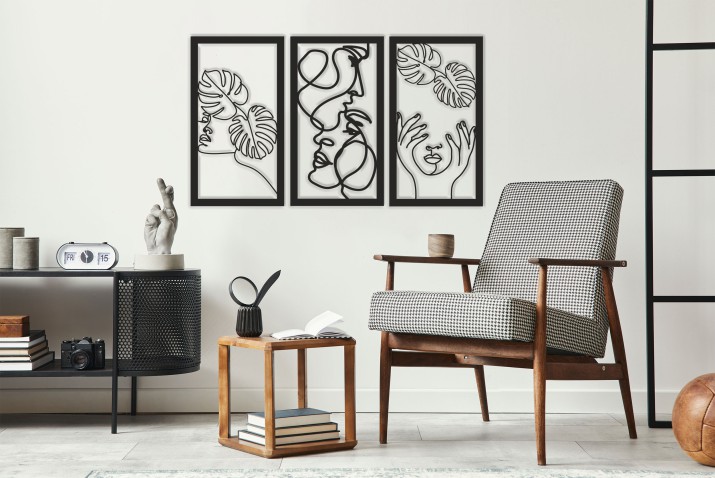 Minimalistyczny tryptyk ażurowy Line Art | Obraz 3D Monstera i Twarze 66854 - zdjęcie 4