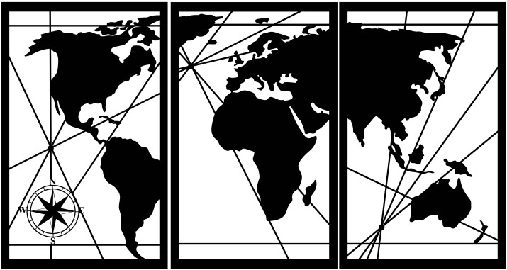 Tryptyk ażurowy | Mapa świata i Róża Wiatrów | Dekoracja 3d na ścianę | 26041