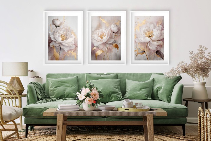 WYPRZEDAŻ 50x70 Plakaty z białymi piwoniami i złotymi akcentami - Elegancka dekoracja ścienna w stylu Glamour 23238 - zdjęcie 3