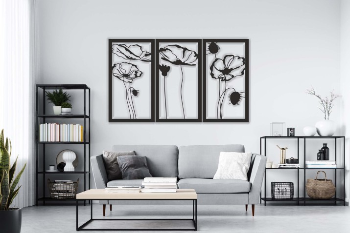 Elegancki Tryptyk– Ażurowe Maki | Nowoczesny obraz 3D | Dekoracyjny panel ażurowy 66849 - zdjęcie 3