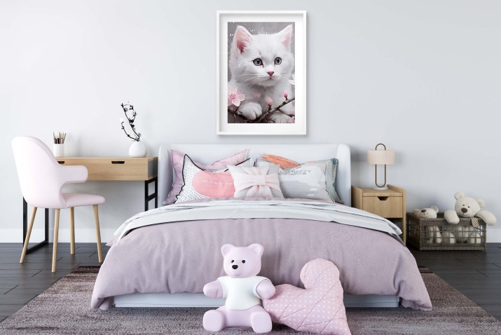 Plakat z Białym Kotem i Kwiatami Wiśni | Dekoracja ścienna do pokoju dziecka, pokoju młodzieżowego 24360 - zdjęcie 6