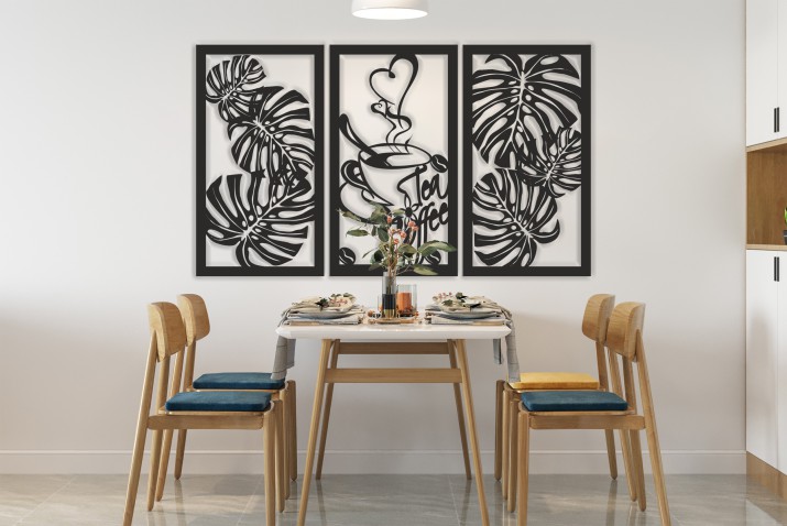 Obraz do kuchni– monstera i filiżanka kawy, minimalistyczny design | Tryptyk ażurowy z motywem liści i kawy 66864 - zdjęcie 4