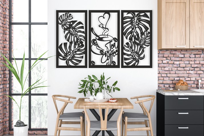 Obraz do kuchni– monstera i filiżanka kawy, minimalistyczny design | Tryptyk ażurowy z motywem liści i kawy 66864 - zdjęcie 3