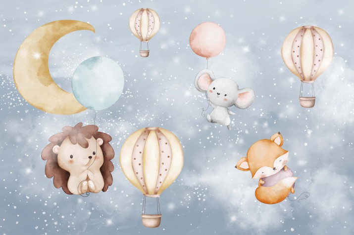 Fototapeta Pastelowa z Balonami i Zwierzątkami | Tapeta do pokoju dziecka | Fototapeta dziecięca 21339 - zdjęcie 2