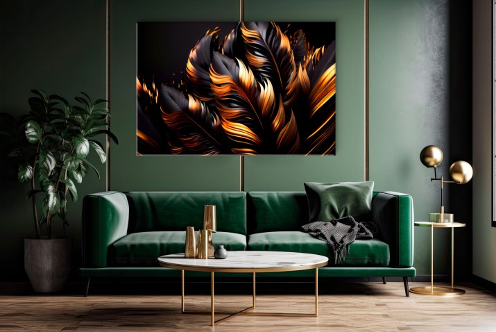 WYPRZEDAŻ 80x120 Obraz Glamour z Miedzianymi Piórami | Złoto i Czerń- Luksusowa Dekoracja | Obraz na płótnie 64660 - zdjęcie 3