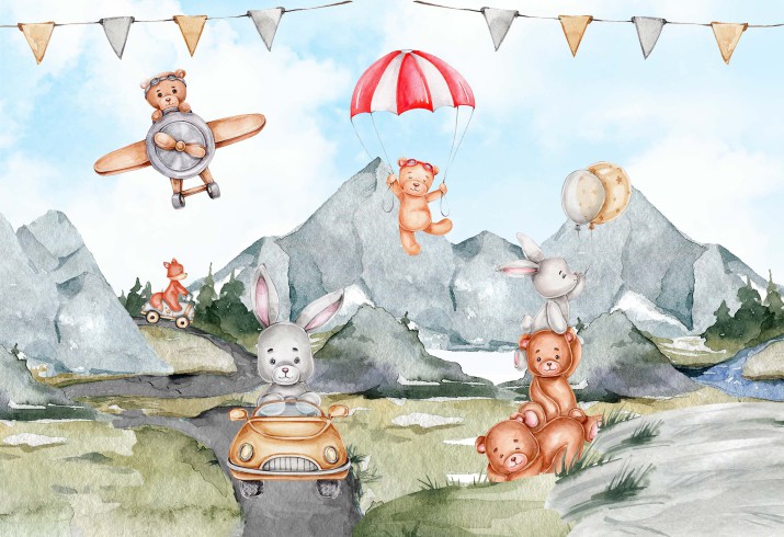 Akwarelowa fototapeta- Górska przygoda | Misie i króliczki do pokoju dziecięcego 21140 - zdjęcie 2