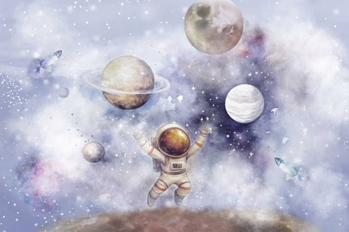 Fototapeta z Astronautą i Planetami – Dekoracja Ścienna do Pokoju Dziecięcego, Pastelowe kolory 21341 - zdjęcie 2