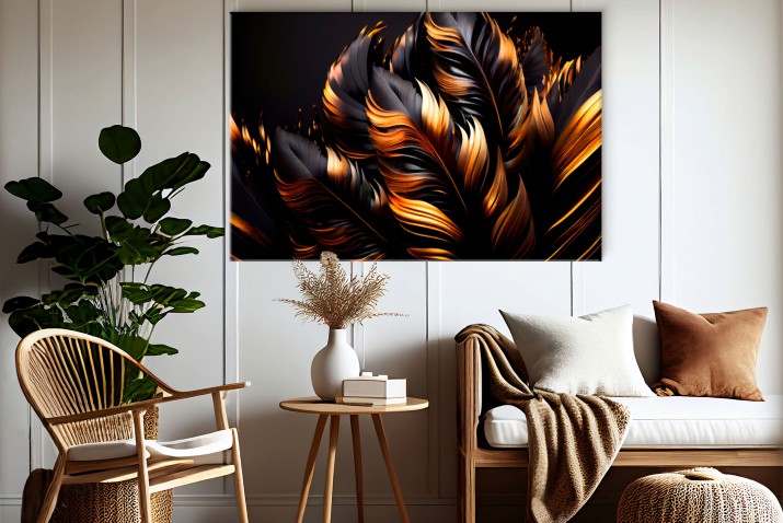 WYPRZEDAŻ 80x120 Obraz Glamour z Miedzianymi Piórami | Złoto i Czerń- Luksusowa Dekoracja | Obraz na płótnie 64660 - zdjęcie 5