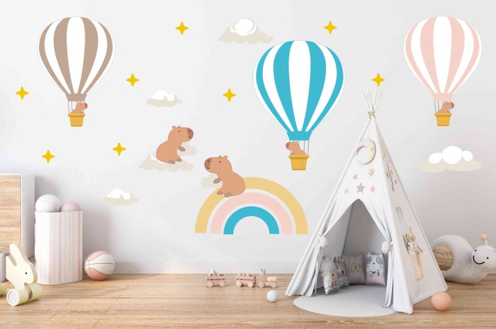 Pastelowe naklejki na ścianę dla dzieci - Kapibary, Balony i Tęcza | Urocze naklejki z kapibarami do pokoju dziecka 22084 - zdjęcie 4