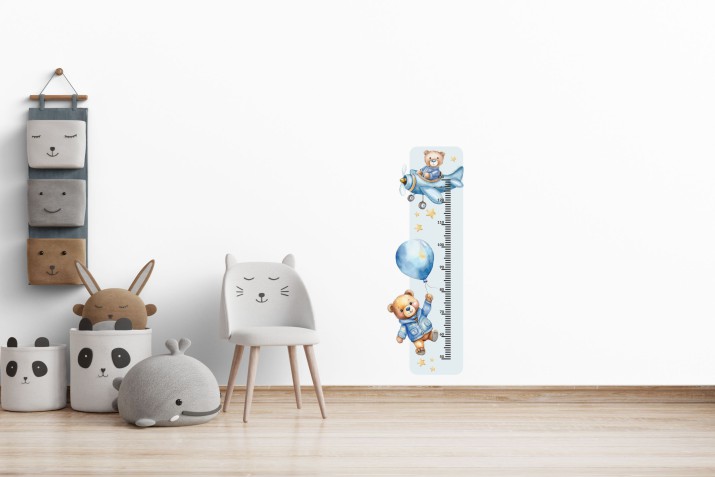 Naklejka miarka wzrostu – Miś w Samolocie, Chmurki, Gwiazdki – Dekoracja do pokoju dziecięcego | Niebieskie misie 22086 - zdjęcie 2