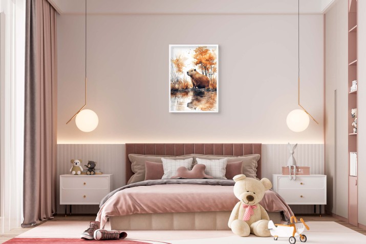 Jesienny plakat z kapibarą | Kapibara nad wodą – Jesienny krajobraz | Subtelny plakat w stylu akwareli  81316 - zdjęcie 4