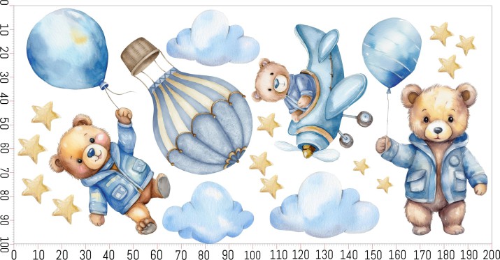 Urocze naklejki na ścianę– Misie, Balony, Gwiazdki | Dekoracja do pokoju dziecka w stylu skandynawskim | Niebieskie misie 22083 - zdjęcie 6