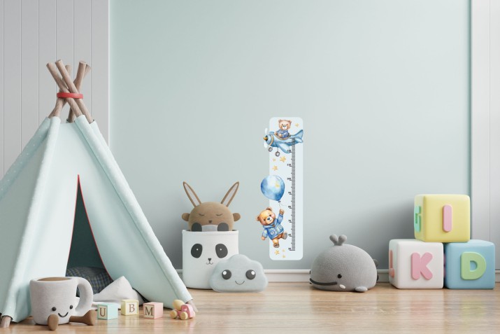 Naklejka miarka wzrostu – Miś w Samolocie, Chmurki, Gwiazdki – Dekoracja do pokoju dziecięcego | Niebieskie misie 22086 - zdjęcie 3