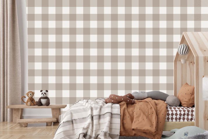 Fototapeta w kratkę gingham vichy– minimalistyczna dekoracja ścienna w stylu retro | Biel i brąz do pokoju dziecięcego 64136