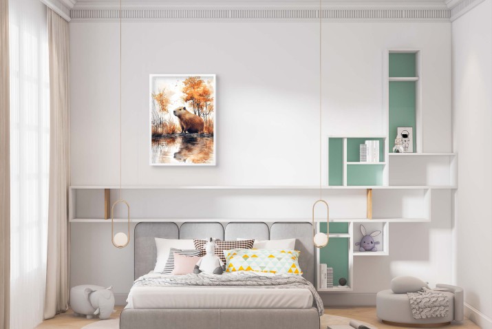 Jesienny plakat z kapibarą | Kapibara nad wodą – Jesienny krajobraz | Subtelny plakat w stylu akwareli  81316 - zdjęcie 6