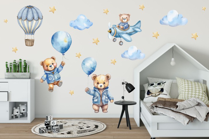 Urocze naklejki na ścianę– Misie, Balony, Gwiazdki | Dekoracja do pokoju dziecka w stylu skandynawskim | Niebieskie misie 22083