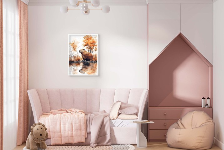 Jesienny plakat z kapibarą | Kapibara nad wodą – Jesienny krajobraz | Subtelny plakat w stylu akwareli  81316 - zdjęcie 5