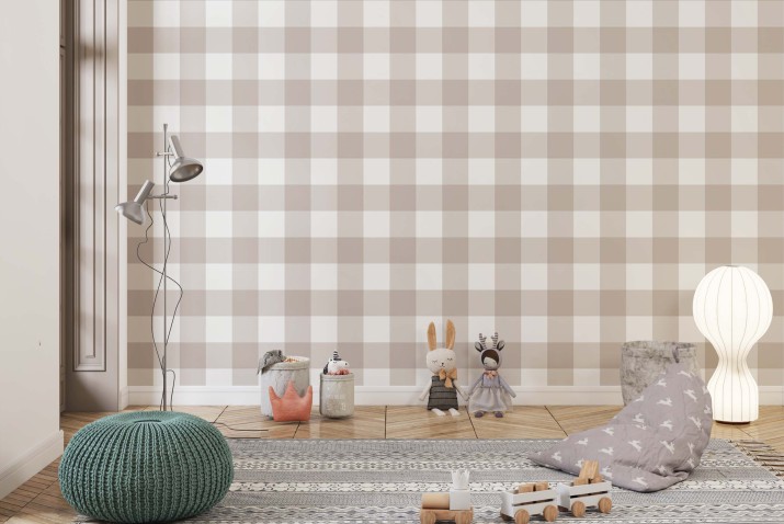 Fototapeta w kratkę gingham vichy– minimalistyczna dekoracja ścienna w stylu retro | Biel i brąz do pokoju dziecięcego 64136 - zdjęcie 2