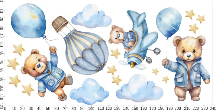 Urocze naklejki na ścianę– Misie, Balony, Gwiazdki | Dekoracja do pokoju dziecka w stylu skandynawskim | Niebieskie misie 22083 - zdjęcie 7