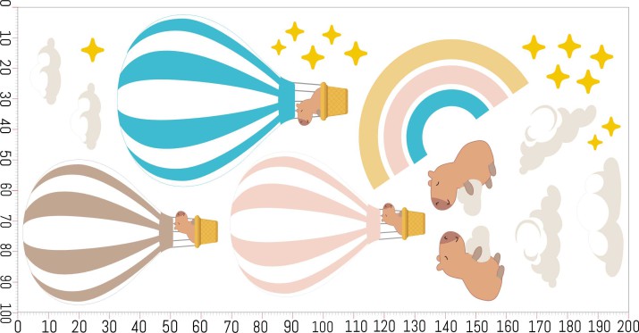 Pastelowe naklejki na ścianę dla dzieci - Kapibary, Balony i Tęcza | Urocze naklejki z kapibarami do pokoju dziecka 22084 - zdjęcie 6