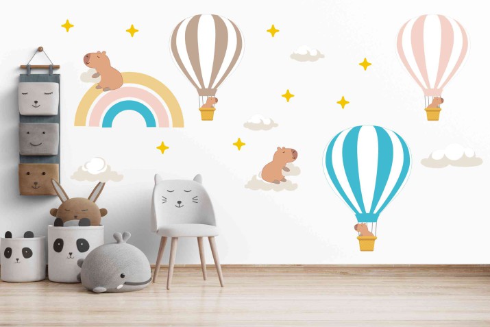 Pastelowe naklejki na ścianę dla dzieci - Kapibary, Balony i Tęcza | Urocze naklejki z kapibarami do pokoju dziecka 22084 - zdjęcie 2