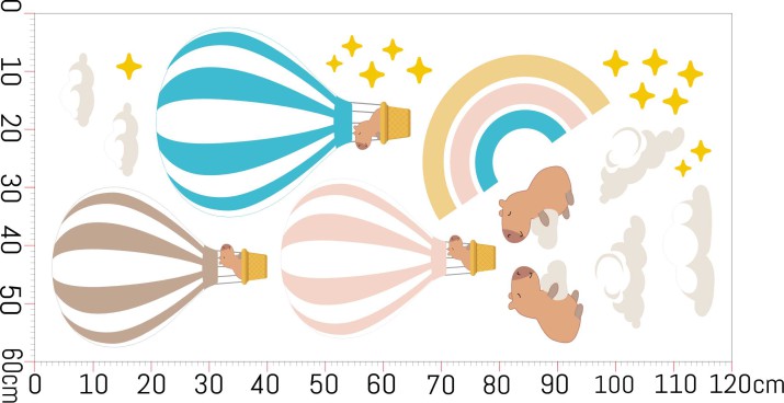 Pastelowe naklejki na ścianę dla dzieci - Kapibary, Balony i Tęcza | Urocze naklejki z kapibarami do pokoju dziecka 22084 - zdjęcie 5