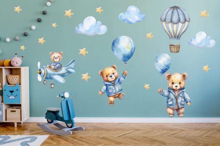 Urocze naklejki na ścianę– Misie, Balony, Gwiazdki | Dekoracja do pokoju dziecka w stylu skandynawskim | Niebieskie misie 22083 - zdjęcie 2