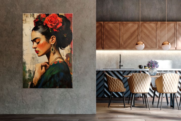Obraz na płótnie do salonu- Portret Kobiety z czerwonymi kwiatami | Dekoracja ścienna w stylu Fridy Kahlo 20951 - zdjęcie 5