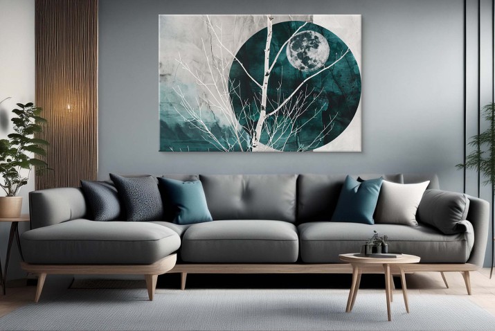 Minimalistyczny Obraz z Księżycem i Drzewem | Nowoczesna dekoracja w odcieniach zieleni i szarości 68101 - zdjęcie 3