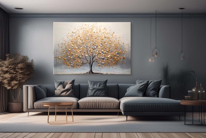 WYPRZEDAŻ 60x90 Obraz na Płótnie- Drzewo Glamour | Elegancki obraz na ścianę Drzewo ze Złotymi liśćmi | Dekoracja w Odcieniach Złota i Szarości 68113 - zdjęcie 5
