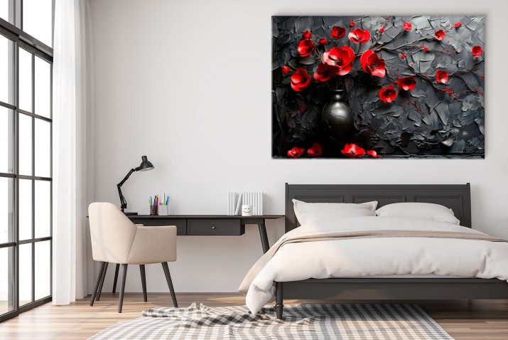 Czerwona Elegancja – Dekoracja ścienna z kwiatami | Nowoczesny Obraz 3D z czerwonymi kwiatami | Czerń i Czerwień w stylu Glamour 68152 - zdjęcie 4