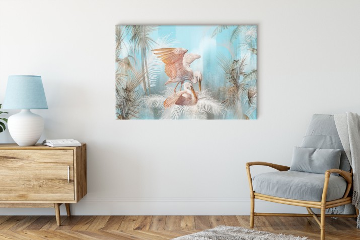Dekoracja w stylu boho- Spokojny pejzaż w pastelowych barwach | Żurawie i Tropikalne Palmy- Spokojny obraz na płótnie 68135 - zdjęcie 4