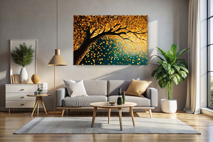 Elegancki obraz na płótnie- Złote Liście | Jesienna dekoracja do salonu | Drzewo w zieleni i złocie 68107 - zdjęcie 3