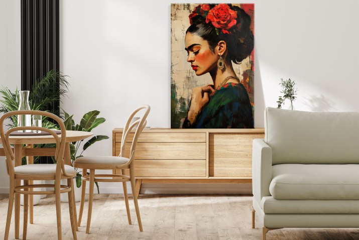 Obraz na płótnie do salonu- Portret Kobiety z czerwonymi kwiatami | Dekoracja ścienna w stylu Fridy Kahlo 20951 - zdjęcie 4