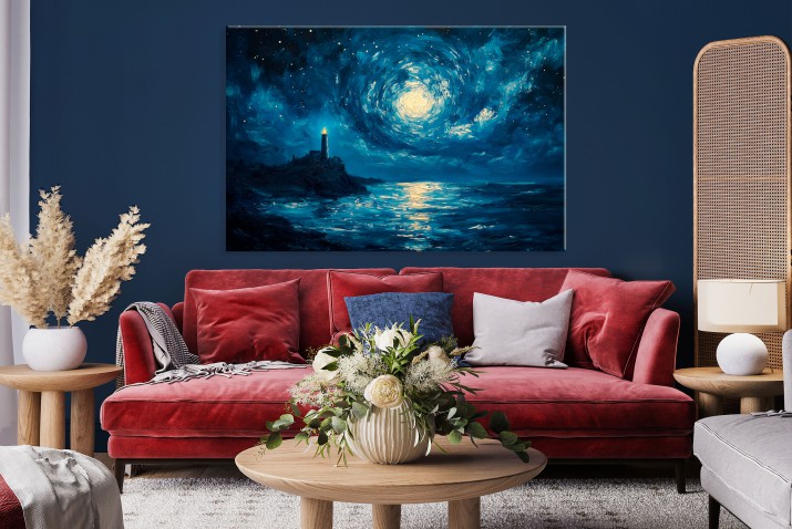 Abstrakcyjny pejzaż na płótnie- Latarnia morska nocą | Obraz na ścianę inspirowany Van Goghiem 20958 - zdjęcie 3