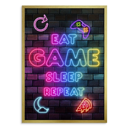 Gamingowy plakat z napisem Eat Game Sleep Repeat – idealny dla gracza | Neonowy plakat do pokoju młodzieżowego 23447 - zdjęcie 3