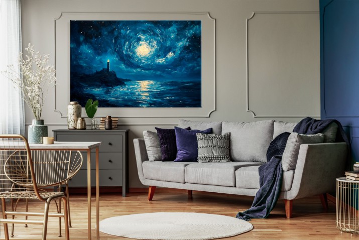 Abstrakcyjny pejzaż na płótnie- Latarnia morska nocą | Obraz na ścianę inspirowany Van Goghiem 20958 - zdjęcie 4